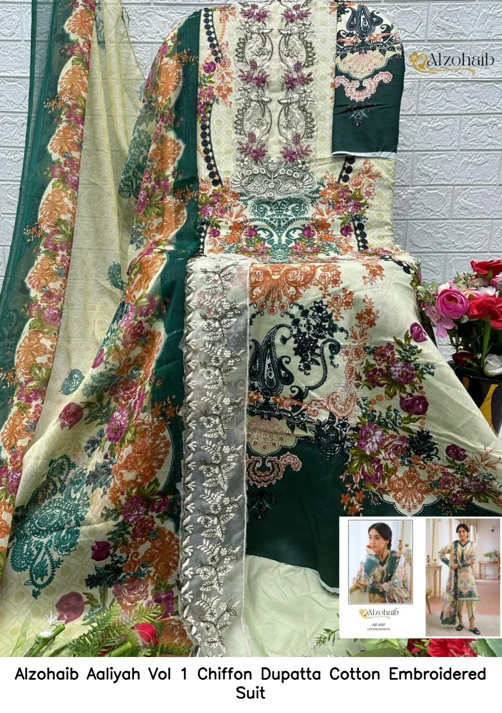 Alzohaib Aaliyah Vol 1 Chiffon Dupatta Cotton Embroidered Suit — Wholesale Dress Material, Alzohaib wholesale from Surat — view 6