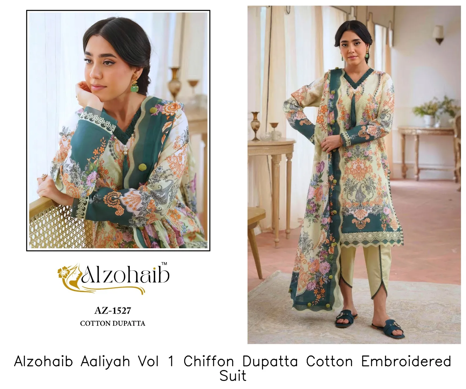 Alzohaib Aaliyah Vol 1 Chiffon Dupatta Cotton Embroidered Suit — Wholesale Dress Material, Alzohaib wholesale from Surat — view 7