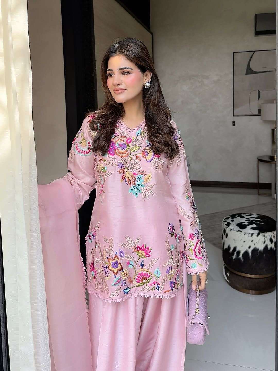 BE-469 Embroidered Farsi Salwar Suit With Organza Dupatta Set - Image 3