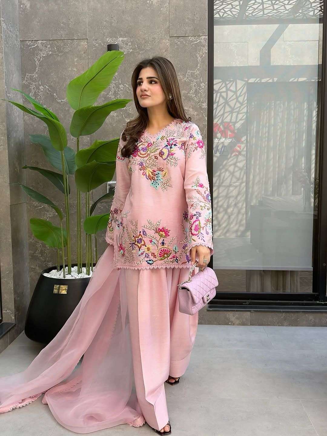 BE-469 Embroidered Farsi Salwar Suit With Organza Dupatta Set - Image 2
