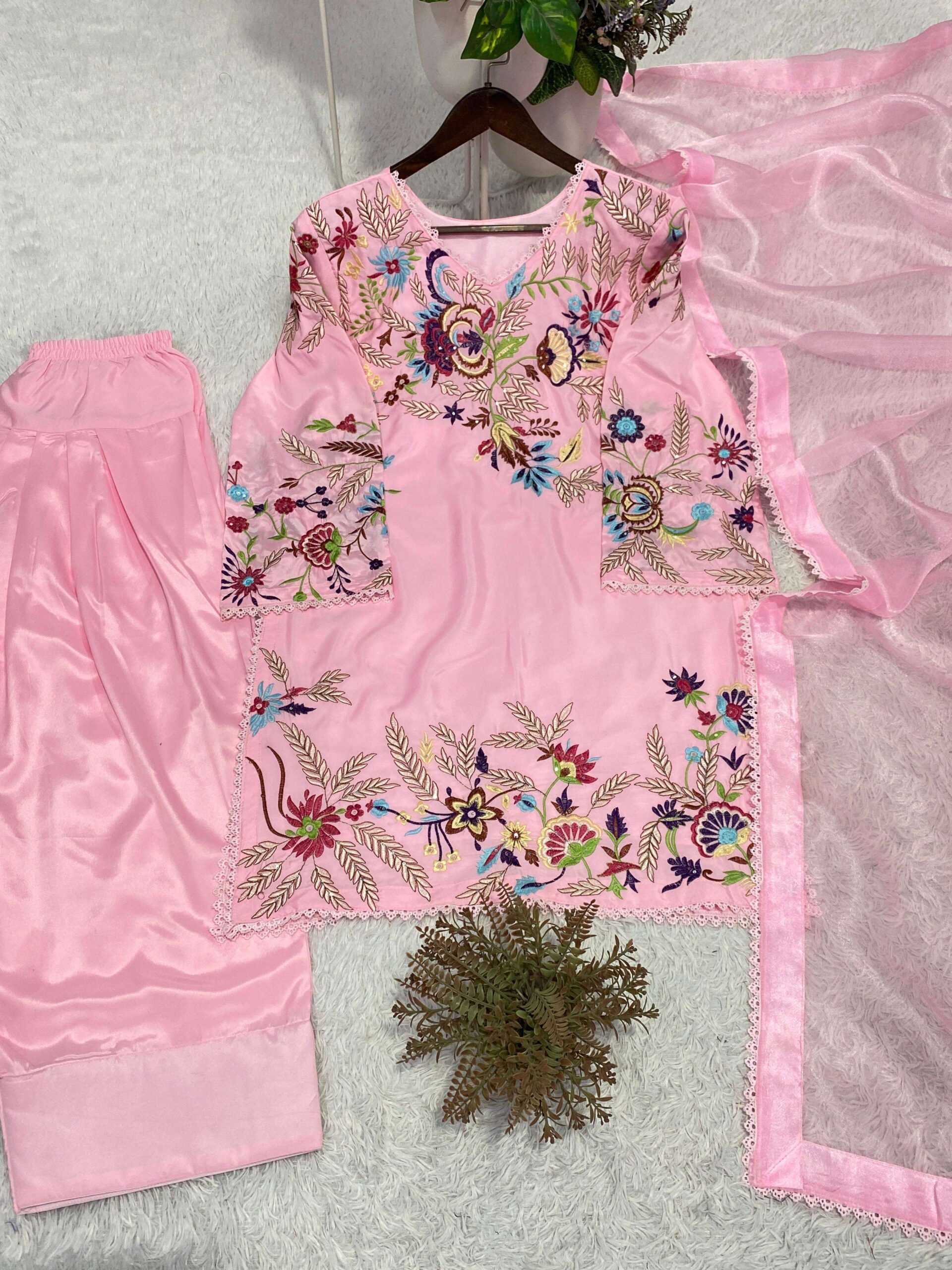 BE-469 Embroidered Farsi Salwar Suit With Organza Dupatta Set - Image 5