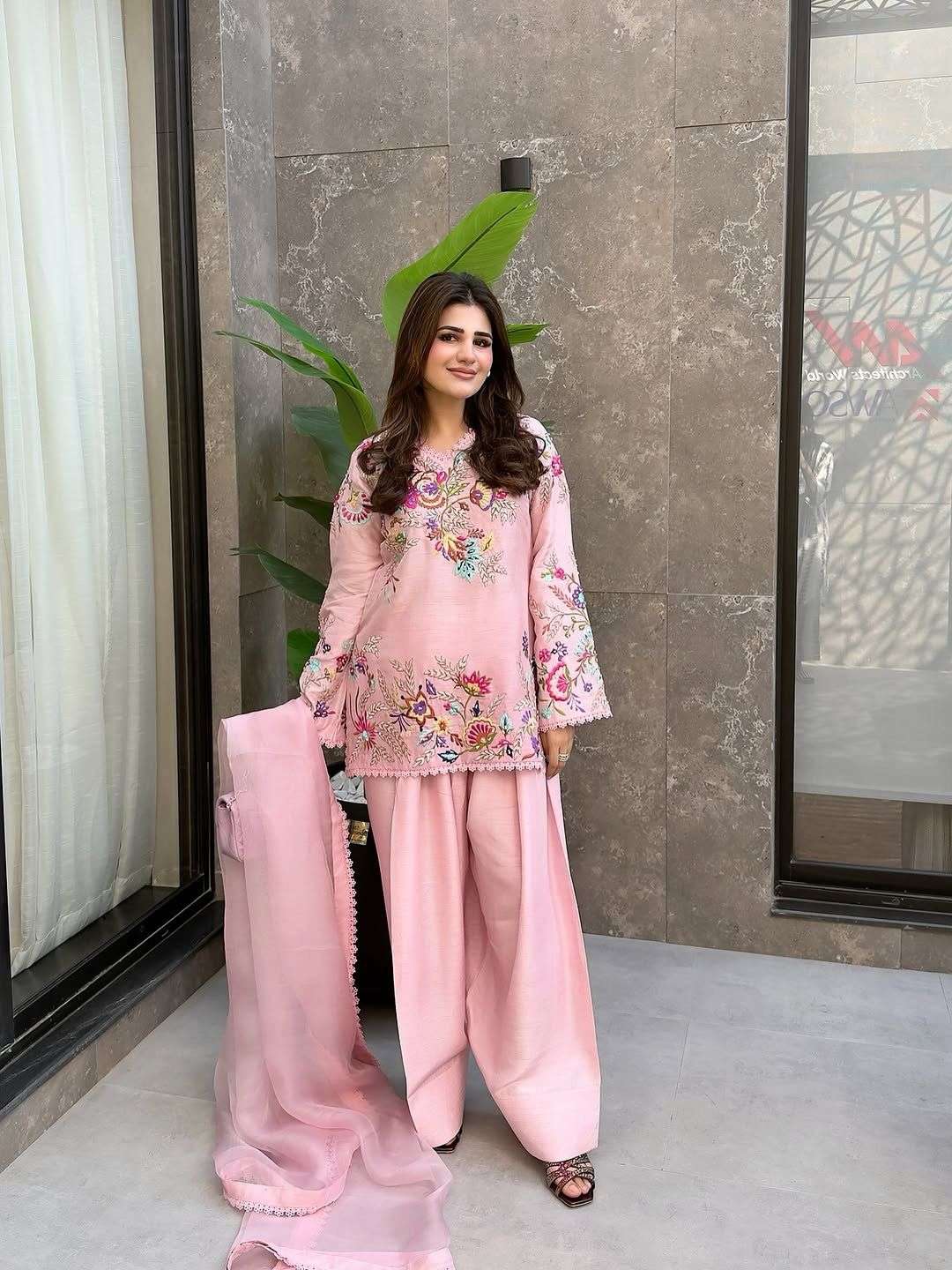 BE-469 Embroidered Farsi Salwar Suit With Organza Dupatta Set