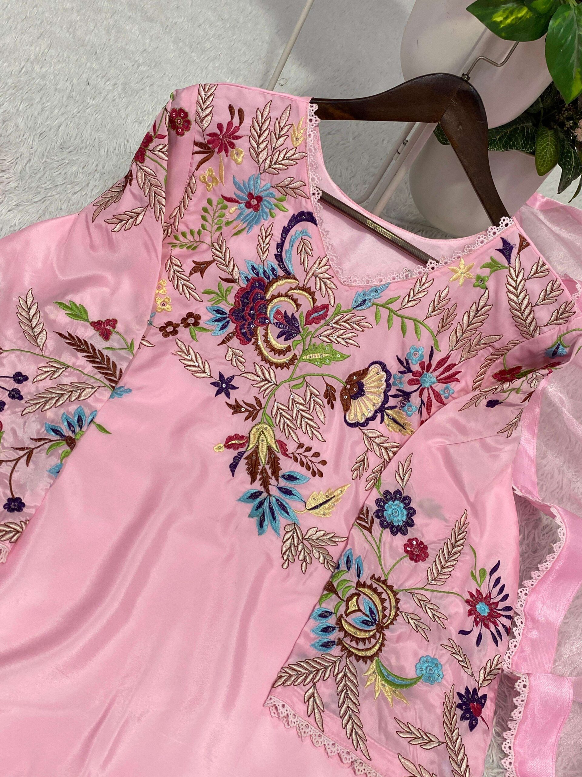 BE-469 Embroidered Farsi Salwar Suit With Organza Dupatta Set - Image 4