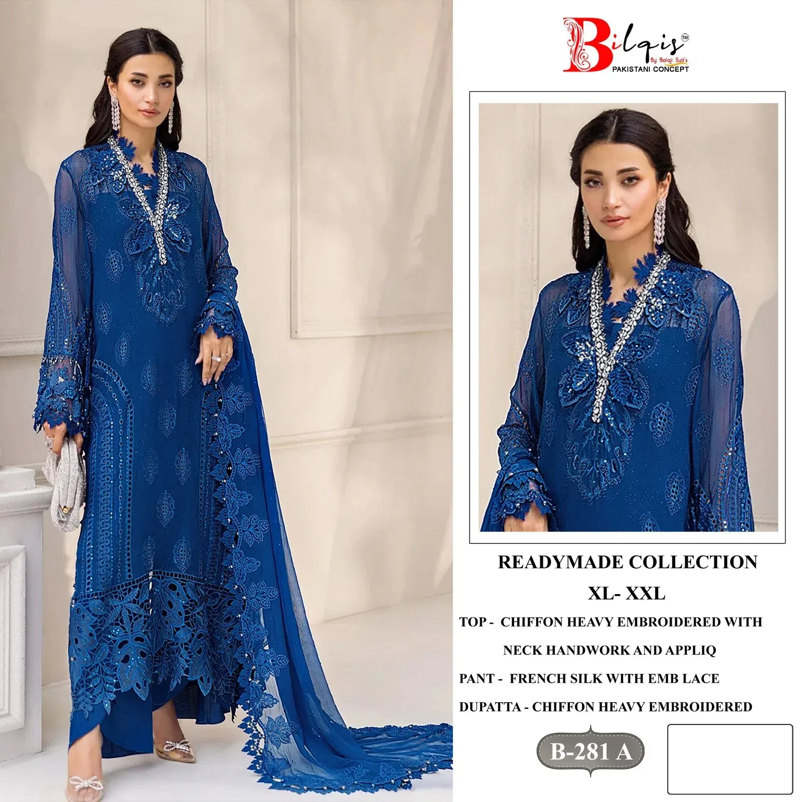 Bilqis B 281 A TO D Chiffon Embroidered Salwar Kameez — Wholesale Readymade Pakistani Suits, Bilqis wholesale from Surat — view 1