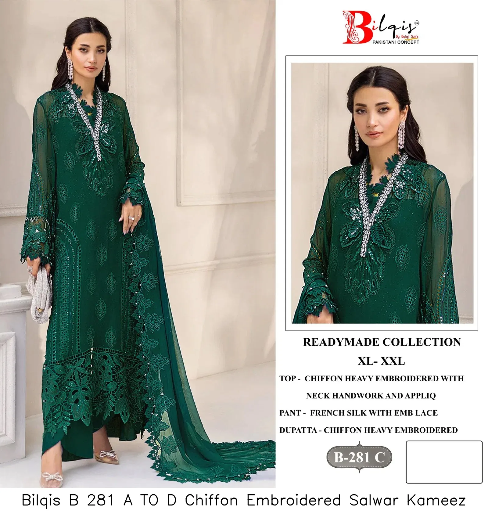Bilqis B 281 A TO D Chiffon Embroidered Salwar Kameez — Wholesale Readymade Pakistani Suits, Bilqis wholesale from Surat — Photo 2