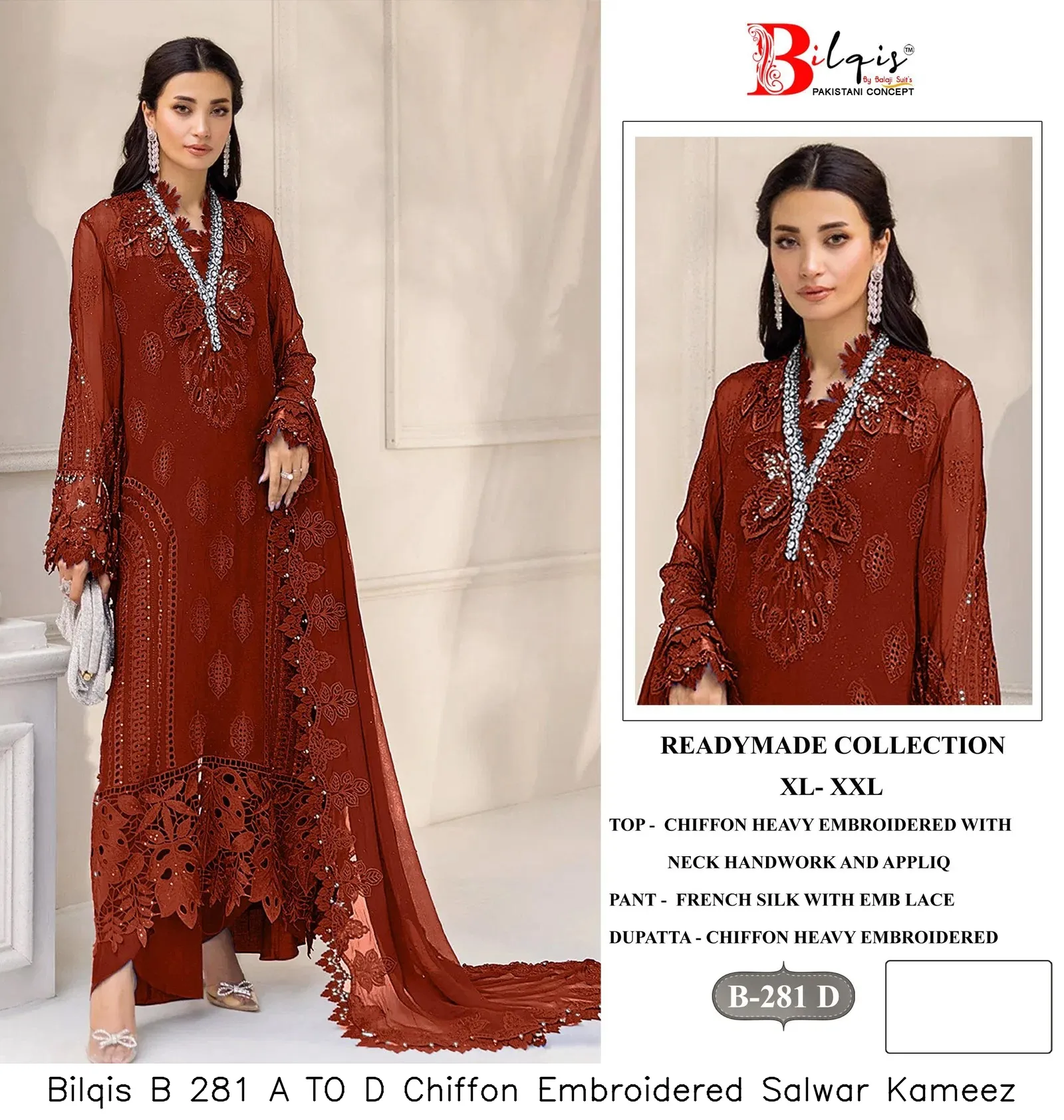 Bilqis B 281 A TO D Chiffon Embroidered Salwar Kameez — Wholesale Readymade Pakistani Suits, Bilqis wholesale from Surat — Photo 3