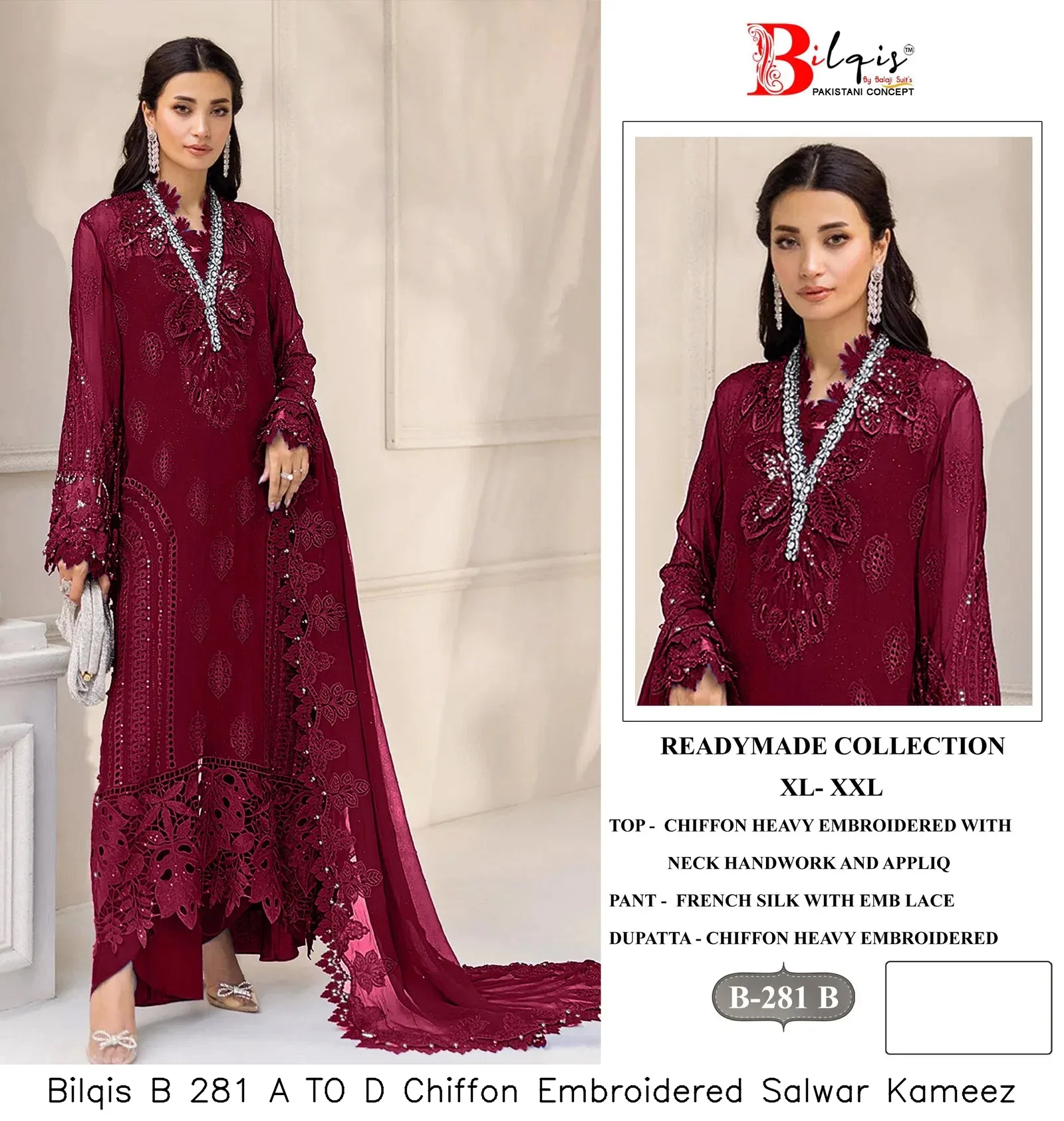 Bilqis B 281 A TO D Chiffon Embroidered Salwar Kameez — Wholesale Readymade Pakistani Suits, Bilqis wholesale from Surat — Photo 4