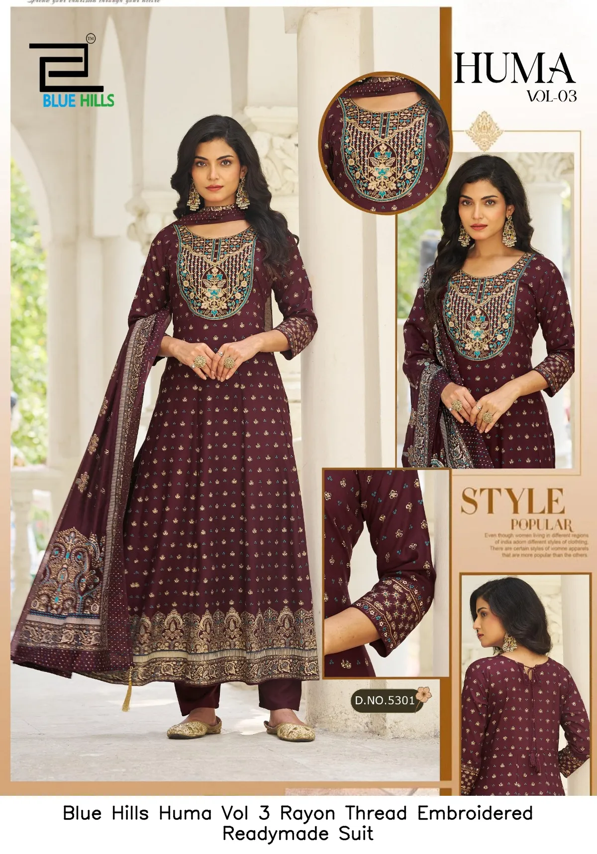 Blue Hills Huma Vol 3 Rayon Thread Embroidered Readymade Suit — Wholesale Kurti With Bottom Dupatta, Blue Hills wholesale from Surat - Gallery Image 3