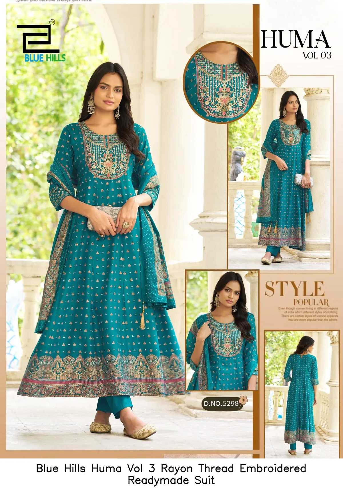 Blue Hills Huma Vol 3 Rayon Thread Embroidered Readymade Suit — Wholesale Kurti With Bottom Dupatta, Blue Hills wholesale from Surat - Gallery Image 5