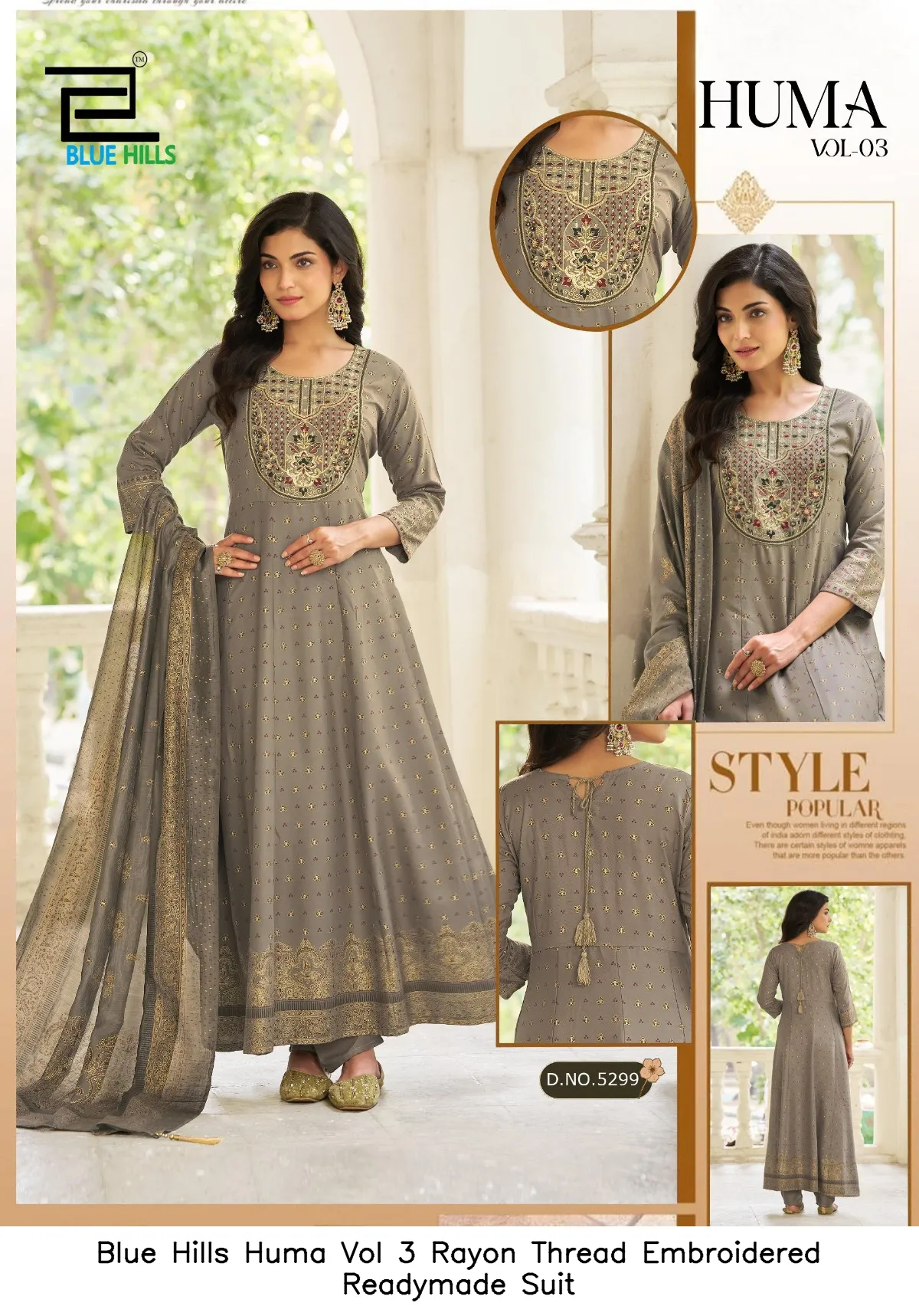 Blue Hills Huma Vol 3 Rayon Thread Embroidered Readymade Suit — Wholesale Kurti With Bottom Dupatta, Blue Hills wholesale from Surat — view 6
