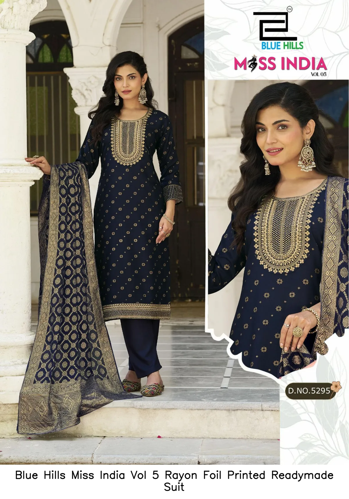 Blue Hills Miss India Vol 5 Rayon Foil Printed Readymade Suit — Wholesale Salwar Suits, Blue Hills wholesale from Surat - Gallery Image 2