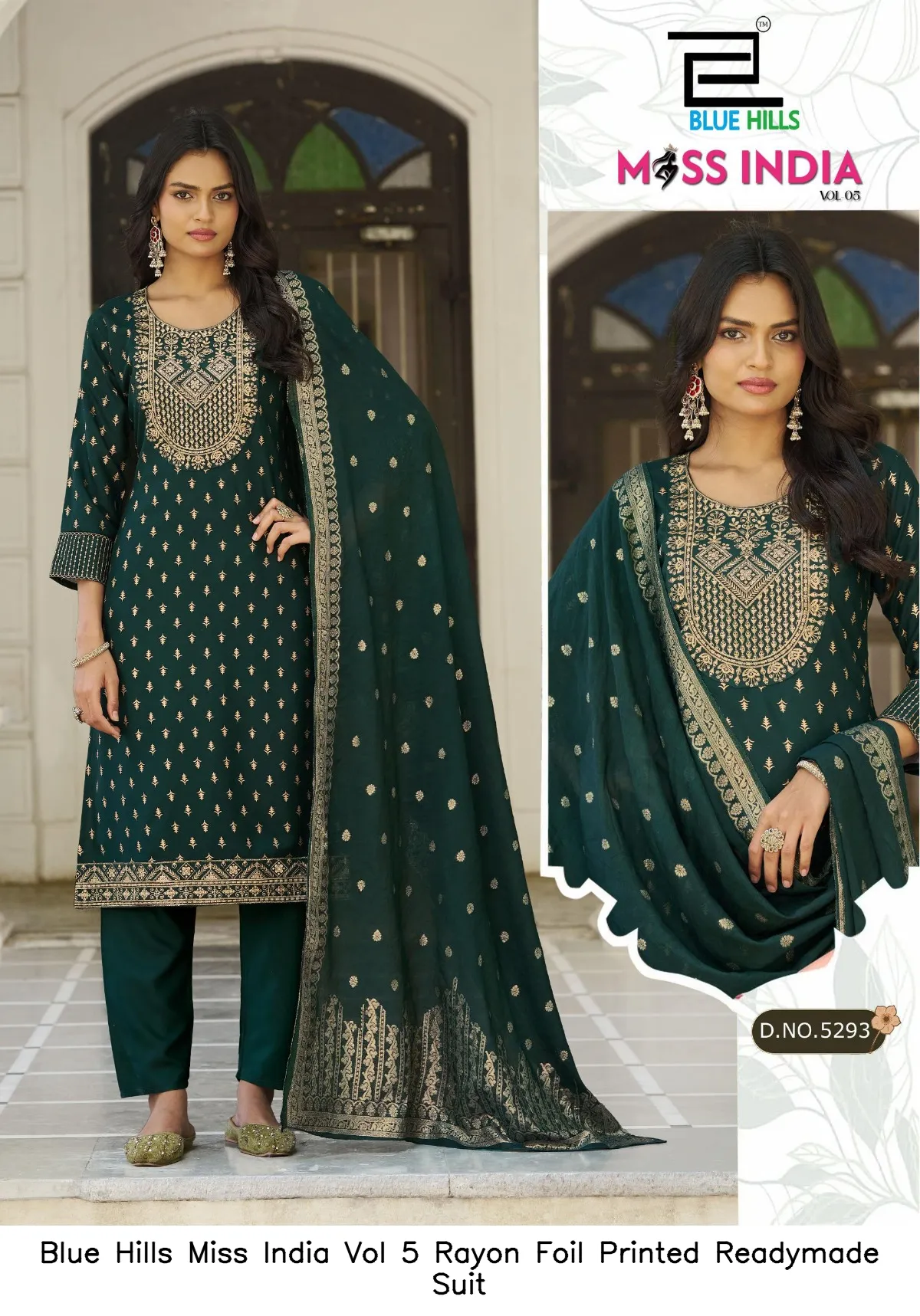 Blue Hills Miss India Vol 5 Rayon Foil Printed Readymade Suit — Wholesale Salwar Suits, Blue Hills wholesale from Surat - Gallery Image 4