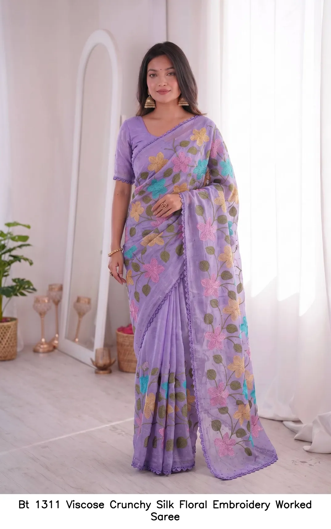 Bt 1311 Viscose Crunchy Silk Floral Embroidery Worked Saree — Wholesale Sarees, BT wholesale from Surat - Gallery Image 2