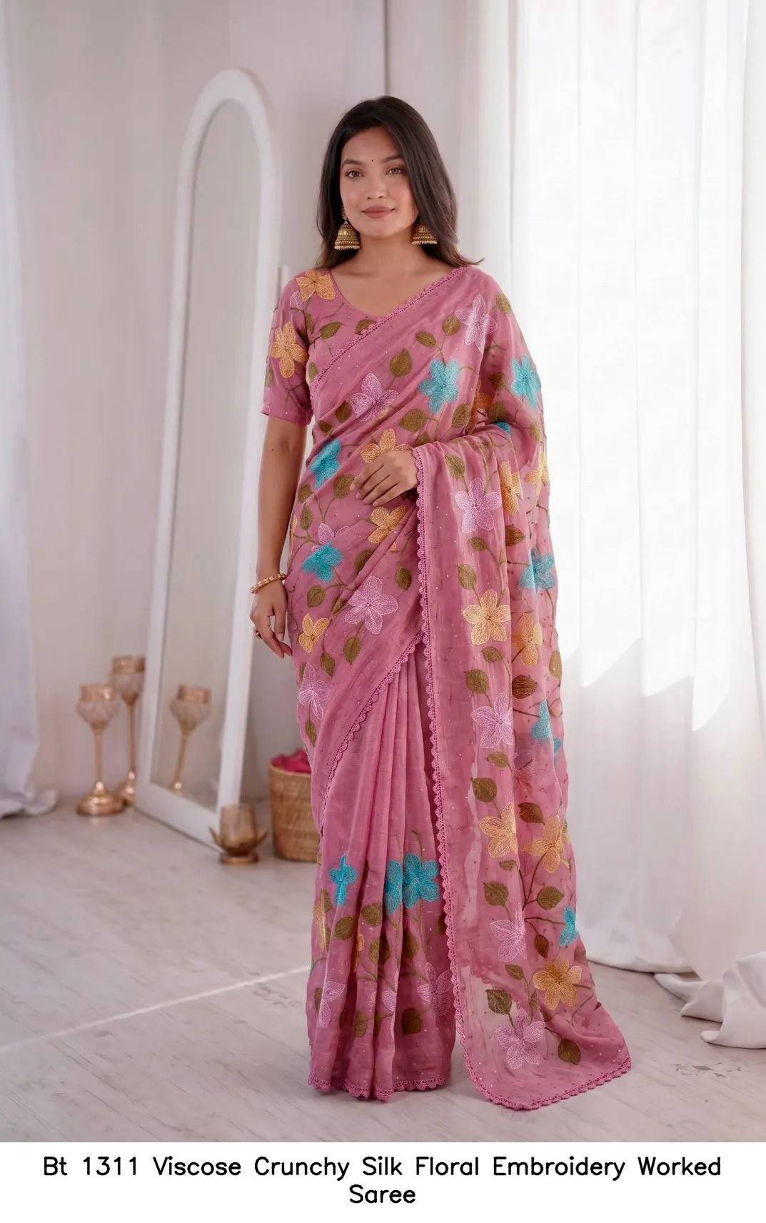 Bt 1311 Viscose Crunchy Silk Floral Embroidery Worked Saree — Wholesale Sarees, BT wholesale from Surat - Gallery Image 3