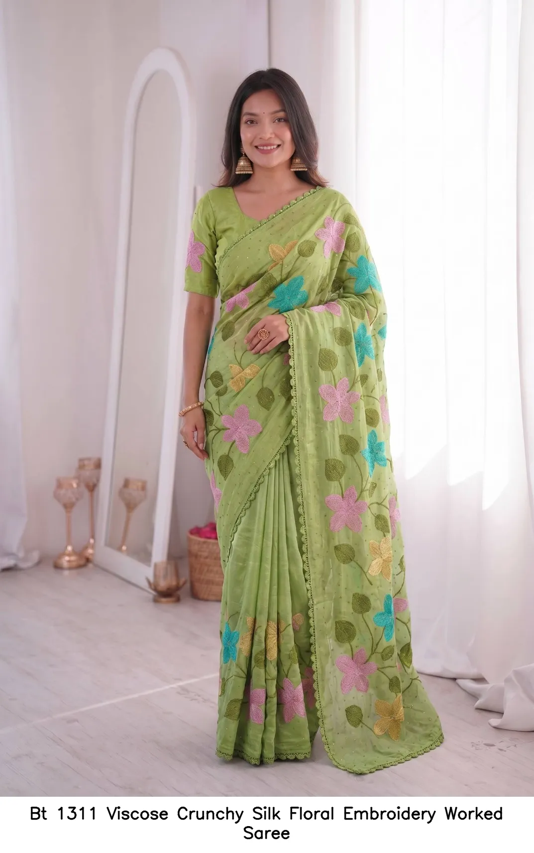 Bt 1311 Viscose Crunchy Silk Floral Embroidery Worked Saree — Wholesale Sarees, BT wholesale from Surat - Gallery Image 4