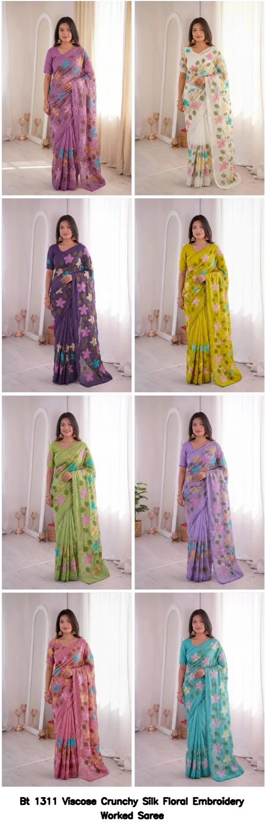 Bt 1311 Viscose Crunchy Silk Floral Embroidery Worked Saree — Wholesale Sarees, BT wholesale from Surat - Gallery Image 5
