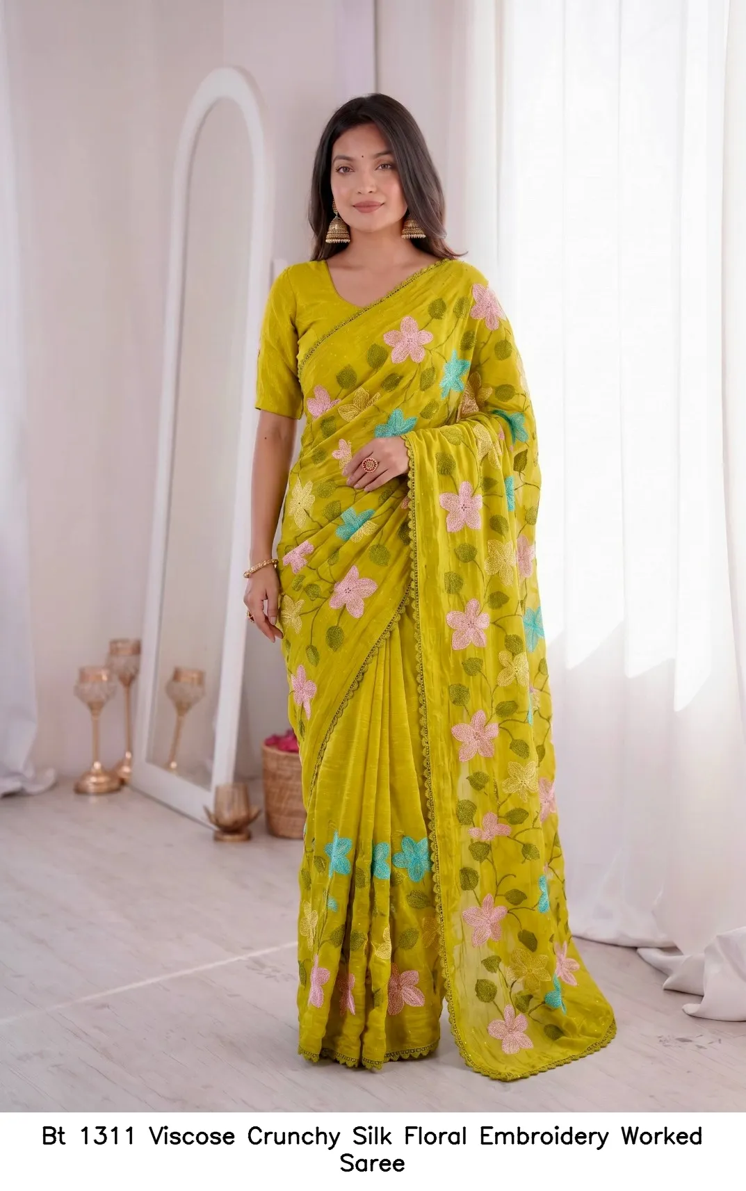 Bt 1311 Viscose Crunchy Silk Floral Embroidery Worked Saree — Wholesale Sarees, BT wholesale from Surat - Gallery Image 6