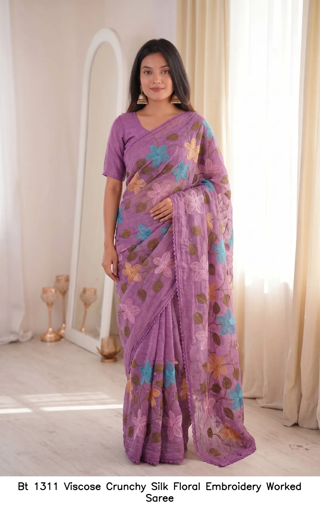 Bt 1311 Viscose Crunchy Silk Floral Embroidery Worked Saree — Wholesale Sarees, BT wholesale from Surat - Gallery Image 7