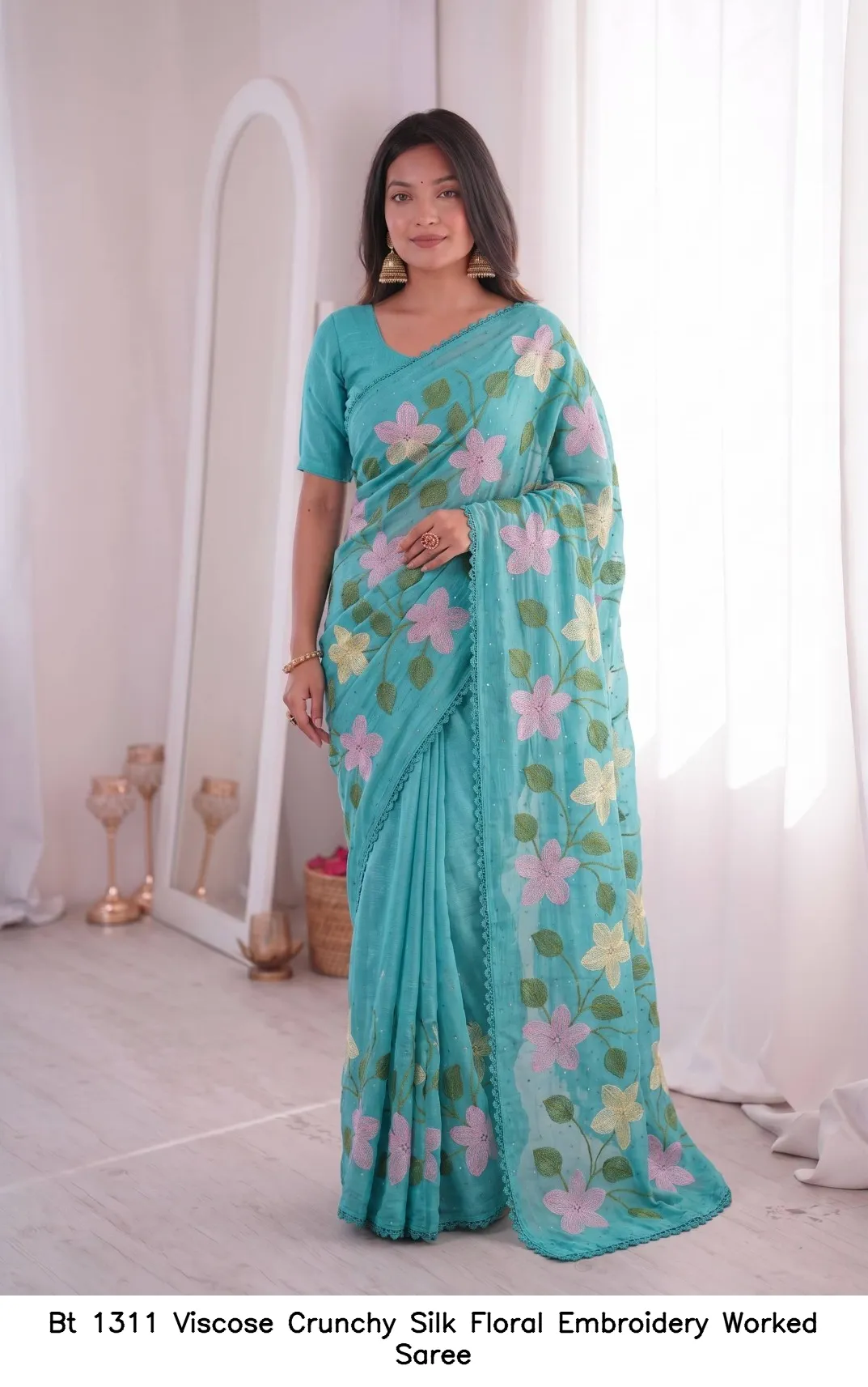 Bt 1311 Viscose Crunchy Silk Floral Embroidery Worked Saree — Wholesale Sarees, BT wholesale from Surat - Gallery Image 8