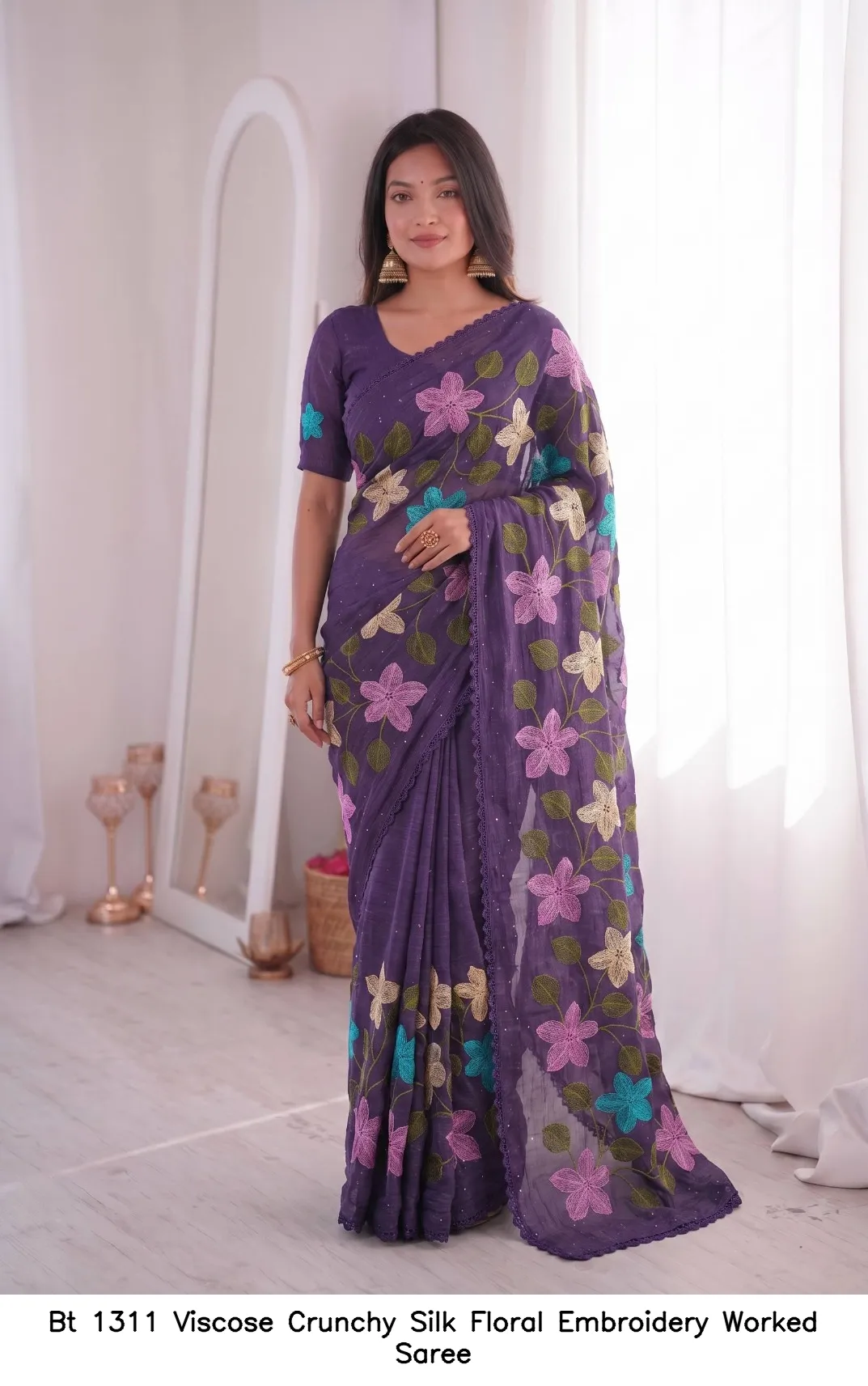 Bt 1311 Viscose Crunchy Silk Floral Embroidery Worked Saree — Wholesale Sarees, BT wholesale from Surat — view 9