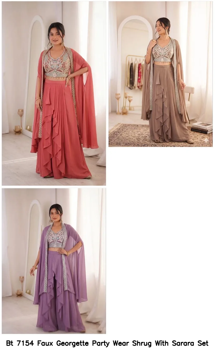 Bt 7154 Faux Georgette Party Wear Shrug With Sarara Set — Wholesale Sharara Suits, BT wholesale from Surat - Gallery Image 2