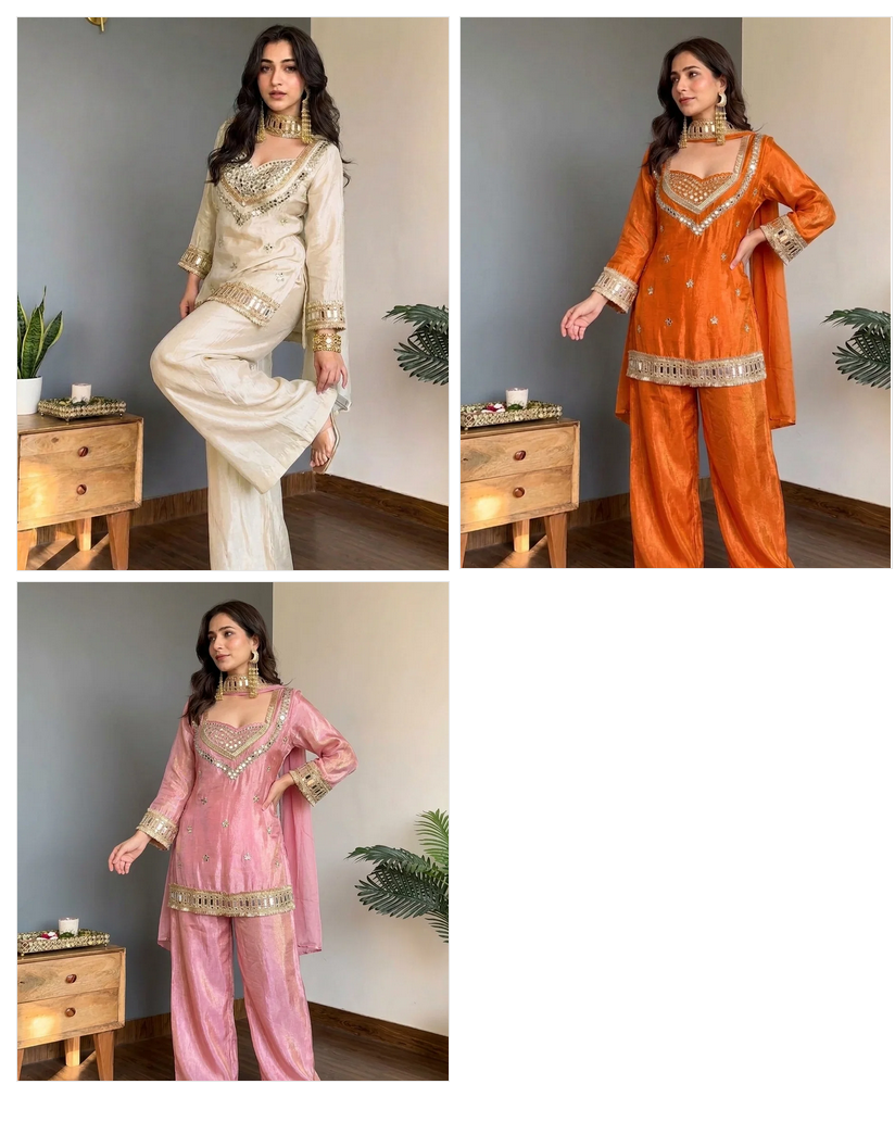 Butterfly 001 Chinon Silk Mirror Work Kurti Palazzo Dupatta Set — Wholesale Readymade Suit, Vardan Ethnic wholesale from Surat — view 3