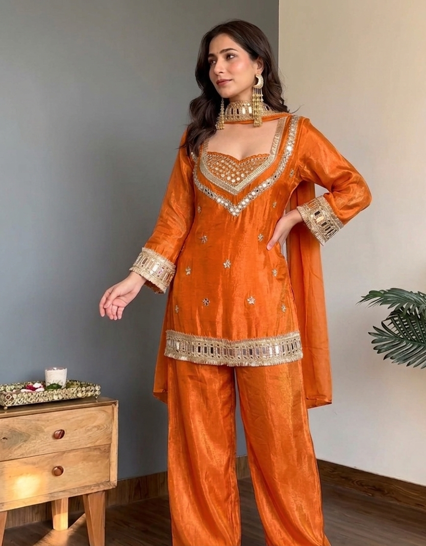 Butterfly 001 Chinon Silk Mirror Work Kurti Palazzo Dupatta Set