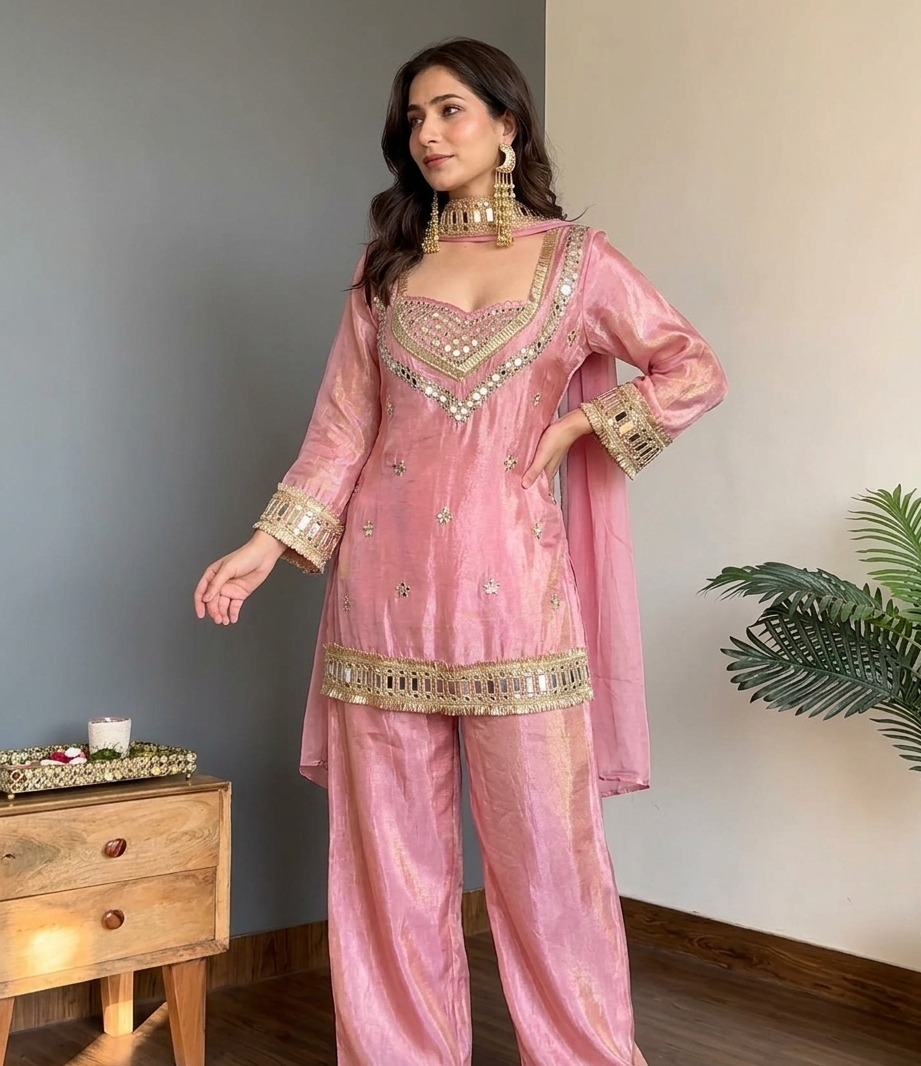 Butterfly 001 Chinon Silk Mirror Work Kurti Palazzo Dupatta Set — Wholesale Readymade Suit, Vardan Ethnic wholesale from Surat — view 7