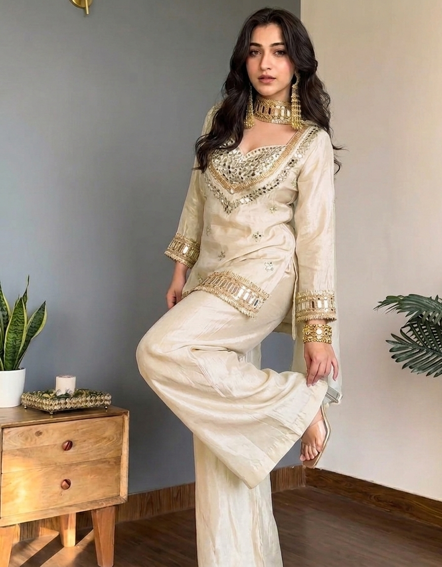 Butterfly 001 Chinon Silk Mirror Work Kurti Palazzo Dupatta Set — Wholesale Readymade Suit, Vardan Ethnic wholesale from Surat — view 6