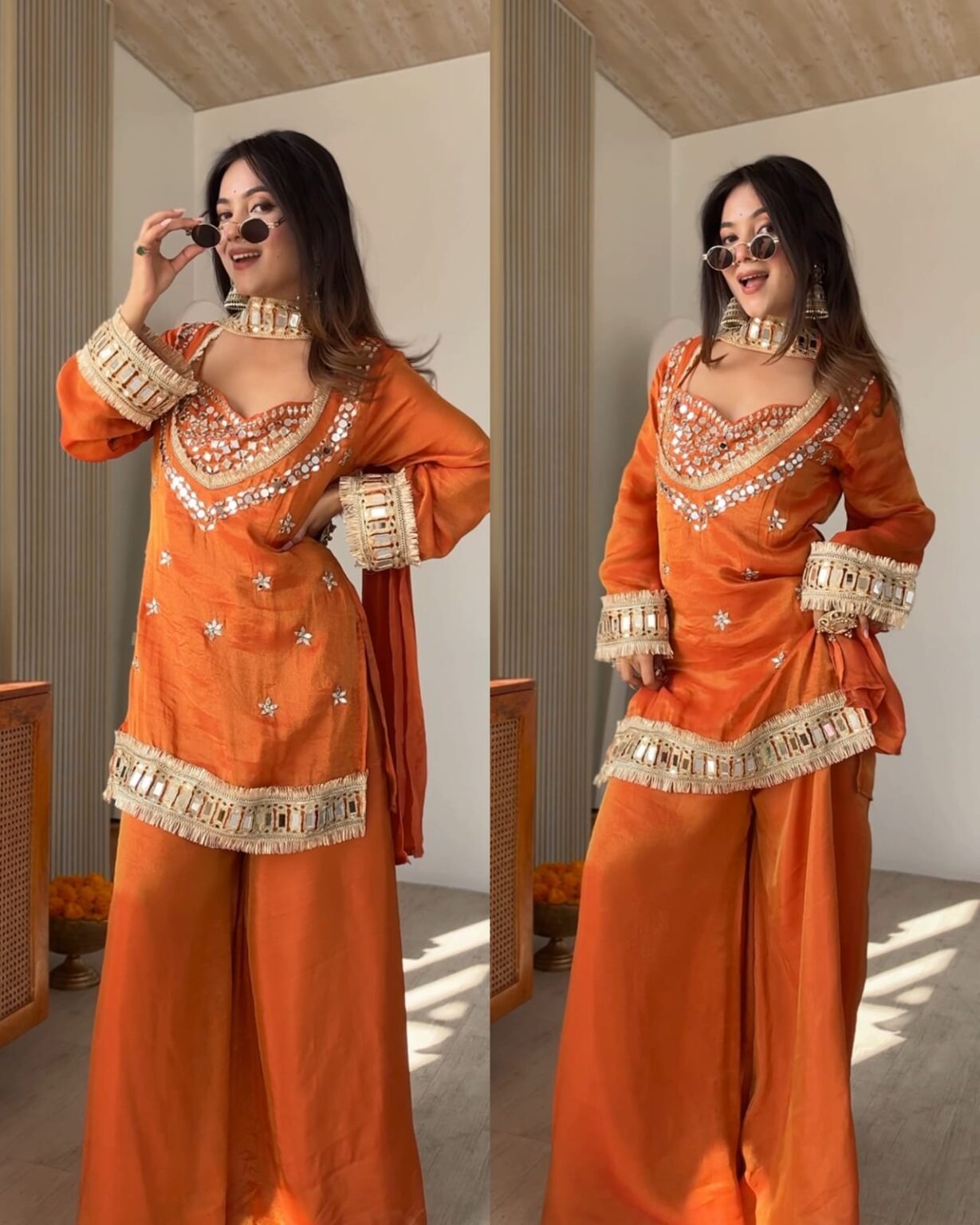 Butterfly 001 Chinon Silk Mirror Work Kurti Palazzo Dupatta Set — Wholesale Readymade Suit, Vardan Ethnic wholesale from Surat — view 4