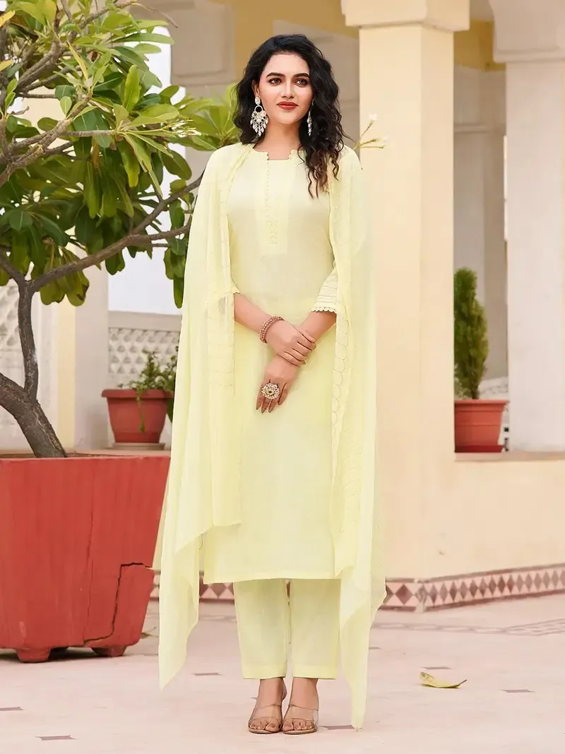 Dhruvi 437 Linen Kurti Pant And Dupatta Set