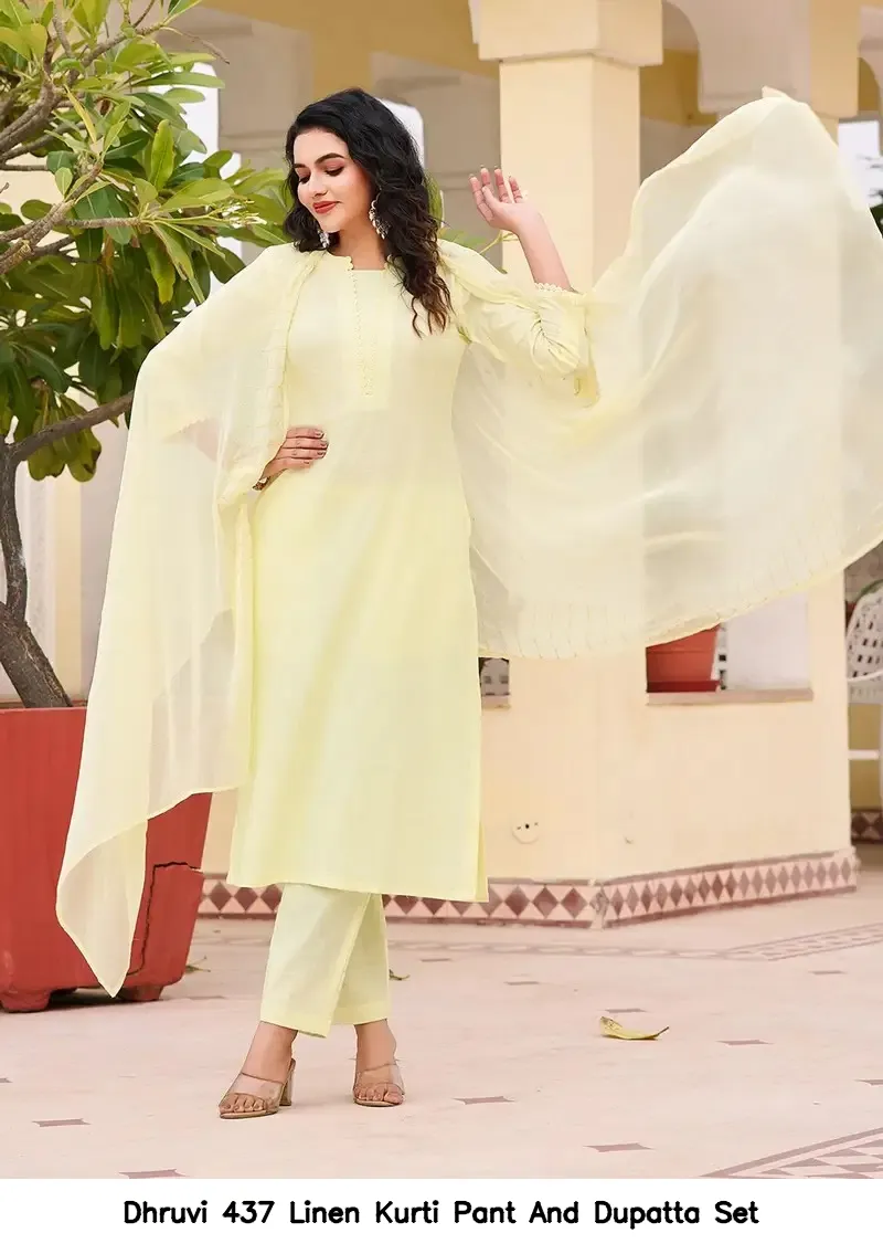 Dhruvi 437 Linen Kurti Pant And Dupatta Set — Wholesale Kurti With Bottom Dupatta, Dhruvi wholesale from Surat — Photo 2