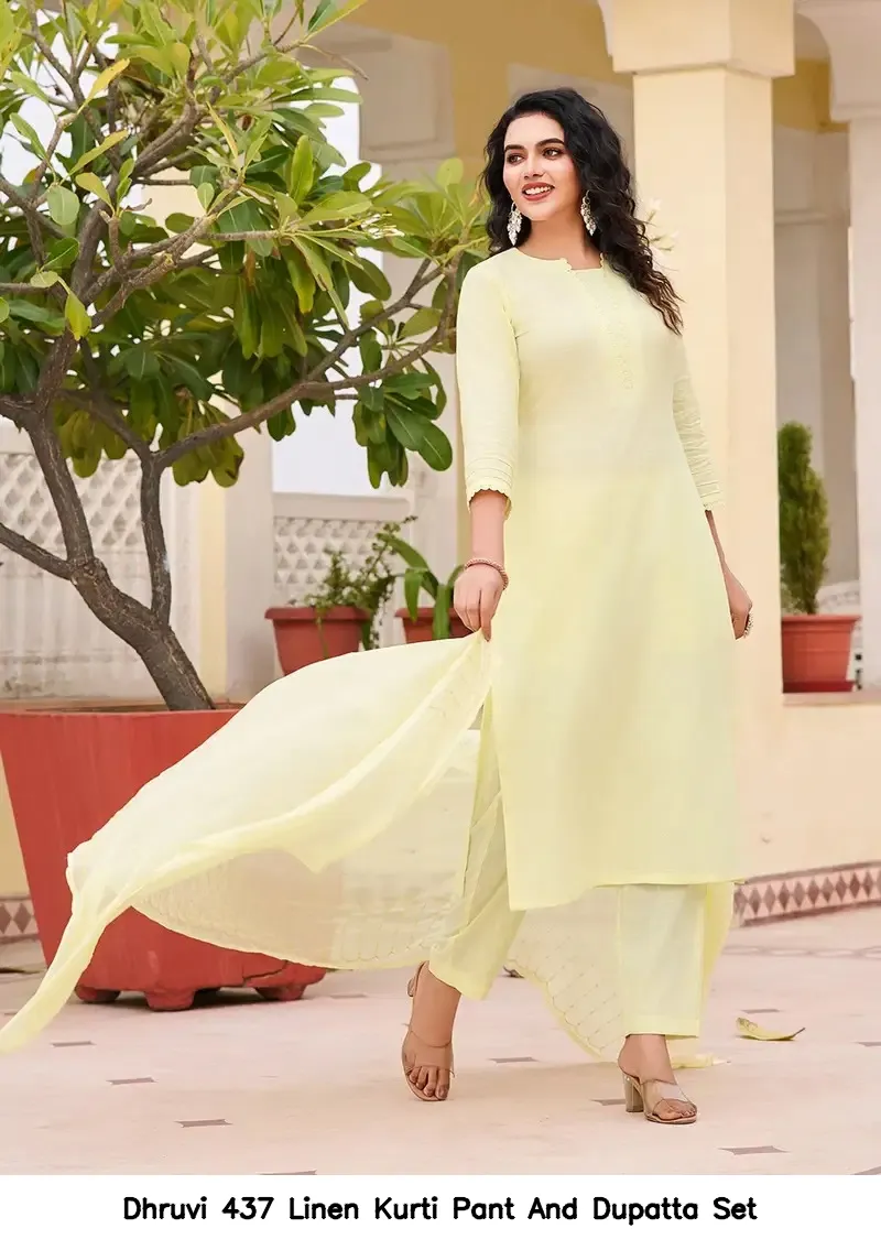 Dhruvi 437 Linen Kurti Pant And Dupatta Set — Wholesale Kurti With Bottom Dupatta, Dhruvi wholesale from Surat — Photo 3