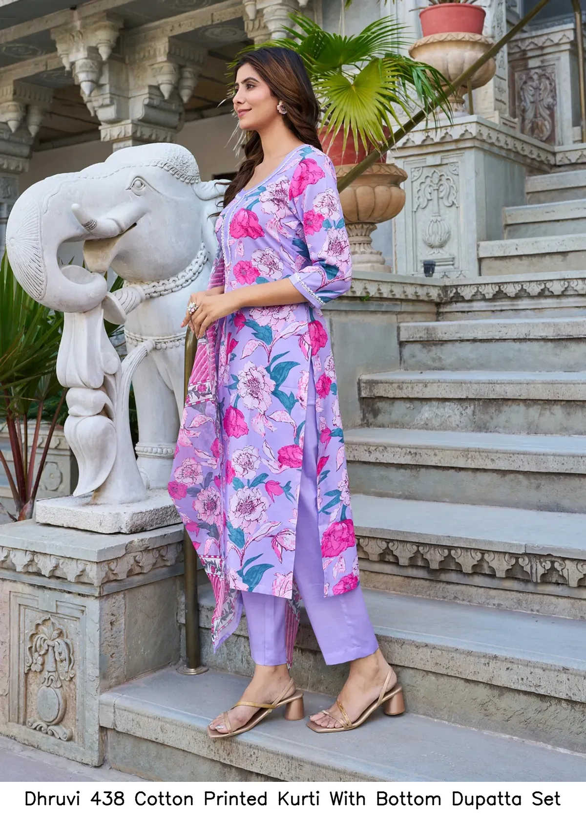 Dhruvi 438 Cotton Printed Kurti With Bottom Dupatta Set — Wholesale Kurti With Bottom Dupatta, Dhruvi wholesale from Surat — view 2