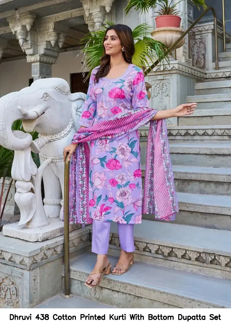 Dhruvi 438 Cotton Printed Kurti With Bottom Dupatta Set — Wholesale Kurti With Bottom Dupatta, Dhruvi wholesale from Surat — view 3
