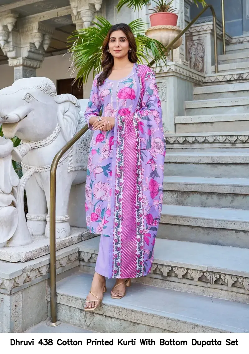 Dhruvi 438 Cotton Printed Kurti With Bottom Dupatta Set — Wholesale Kurti With Bottom Dupatta, Dhruvi wholesale from Surat — view 4