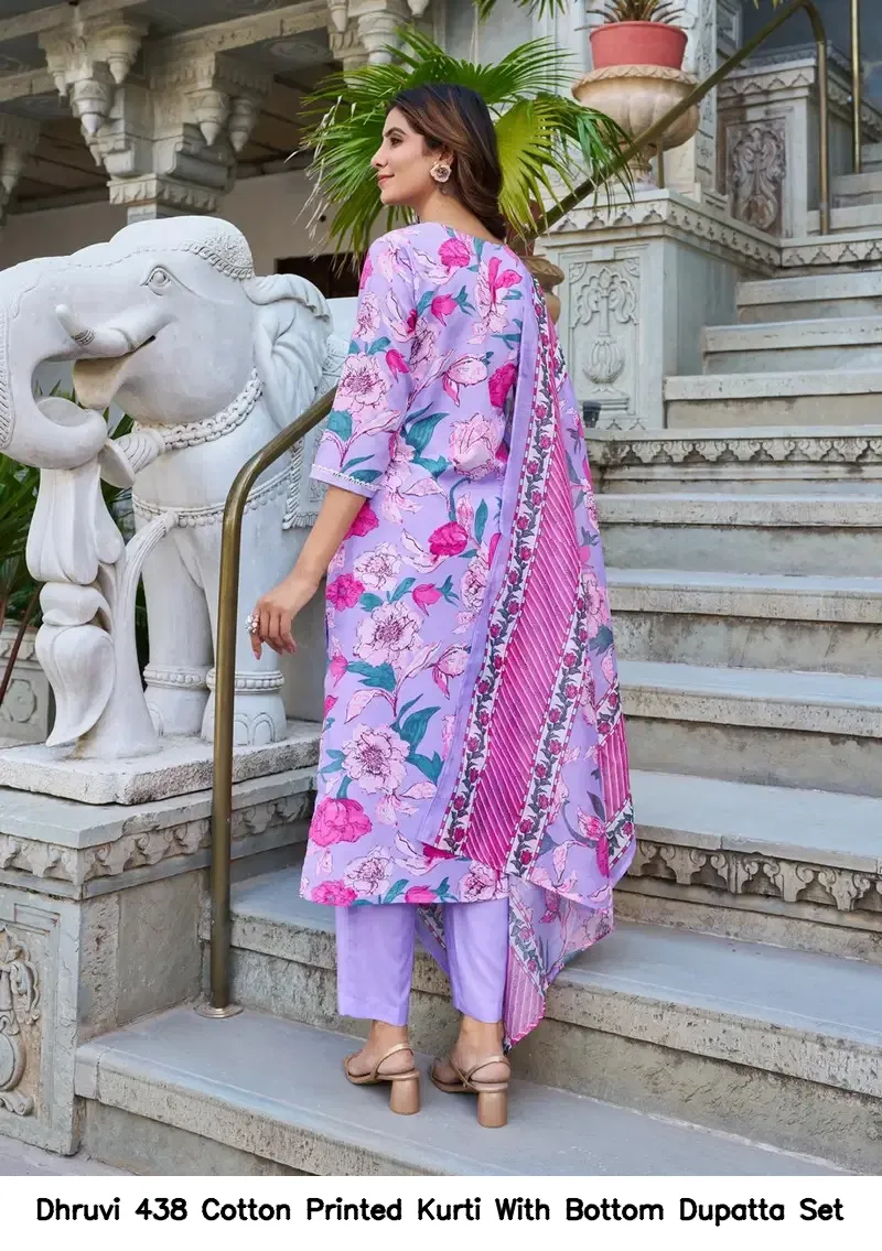 Dhruvi 438 Cotton Printed Kurti With Bottom Dupatta Set — Wholesale Kurti With Bottom Dupatta, Dhruvi wholesale from Surat — view 5