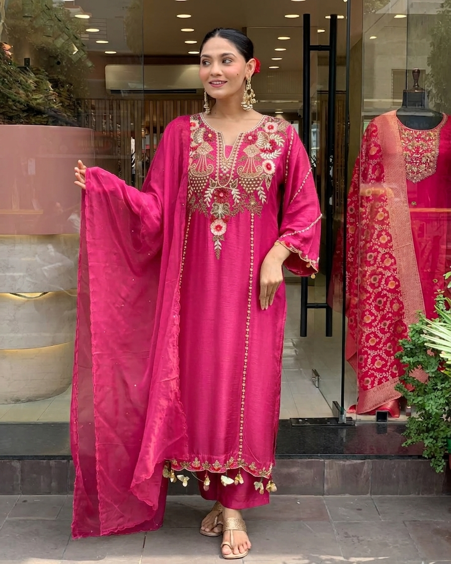 Dhumadhuri 02 PV Chanderi Kurti Pant Dupatta Set — Wholesale Cotton Kurti Pant Set, MPA wholesale from Surat — view 3