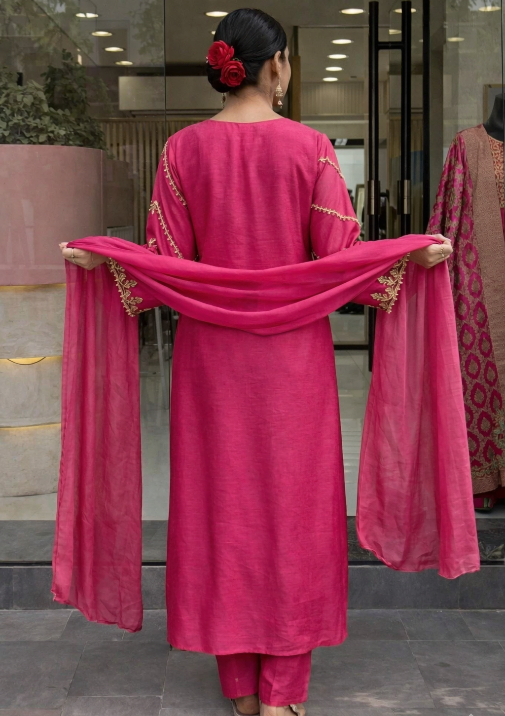 Dhumadhuri 02 PV Chanderi Kurti Pant Dupatta Set — Wholesale Cotton Kurti Pant Set, MPA wholesale from Surat — view 2