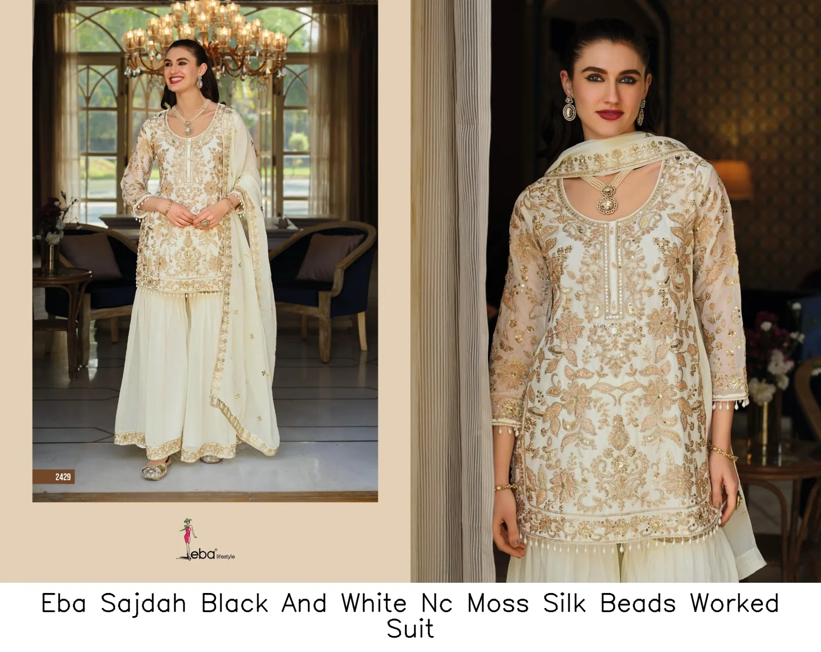 Eba Sajdah Black And White Nc Moss Silk Beads Worked Suit — Wholesale Salwar Suits, Eba wholesale from Surat - Gallery Image 2