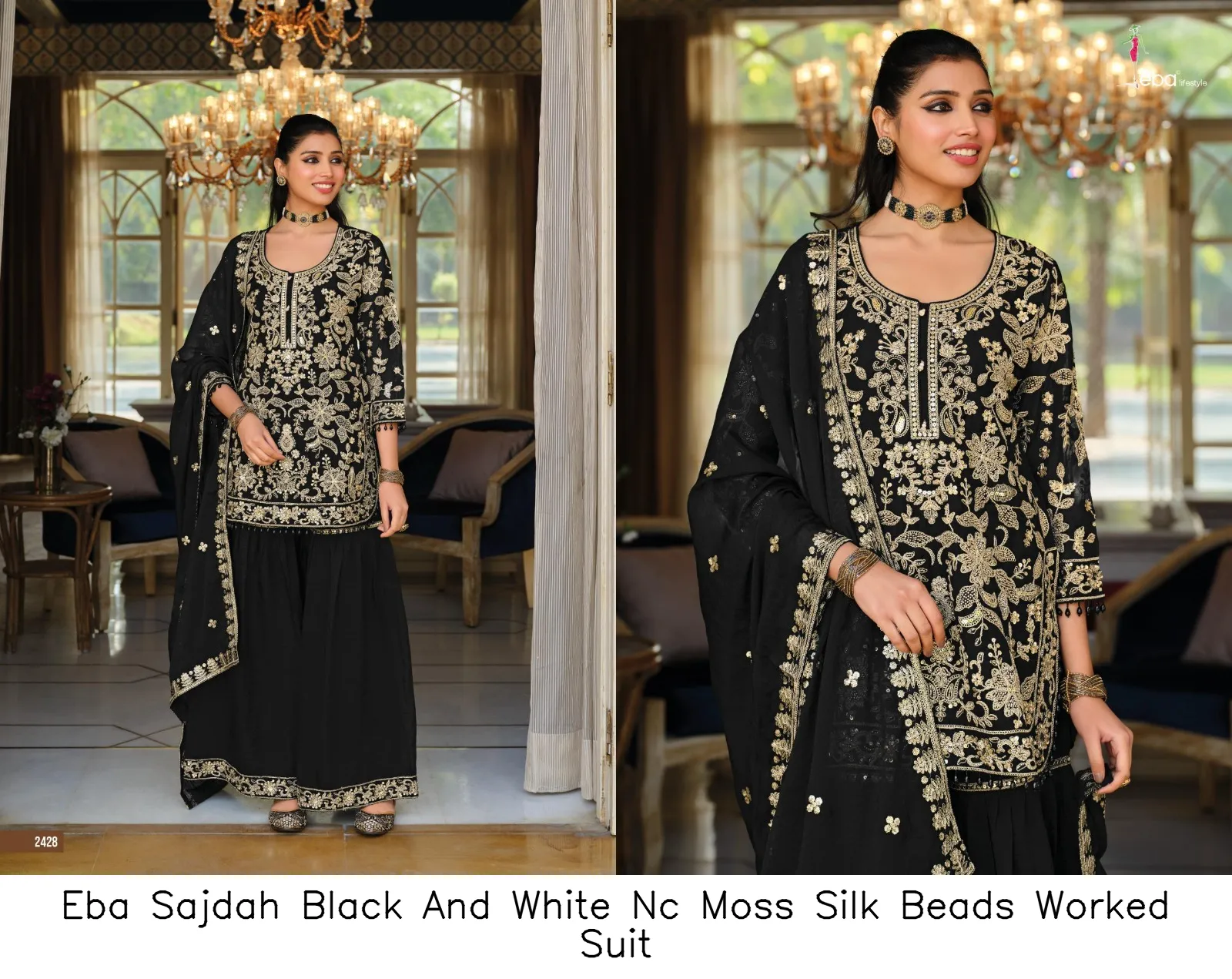 Eba Sajdah Black And White Nc Moss Silk Beads Worked Suit — Wholesale Salwar Suits, Eba wholesale from Surat - Gallery Image 3