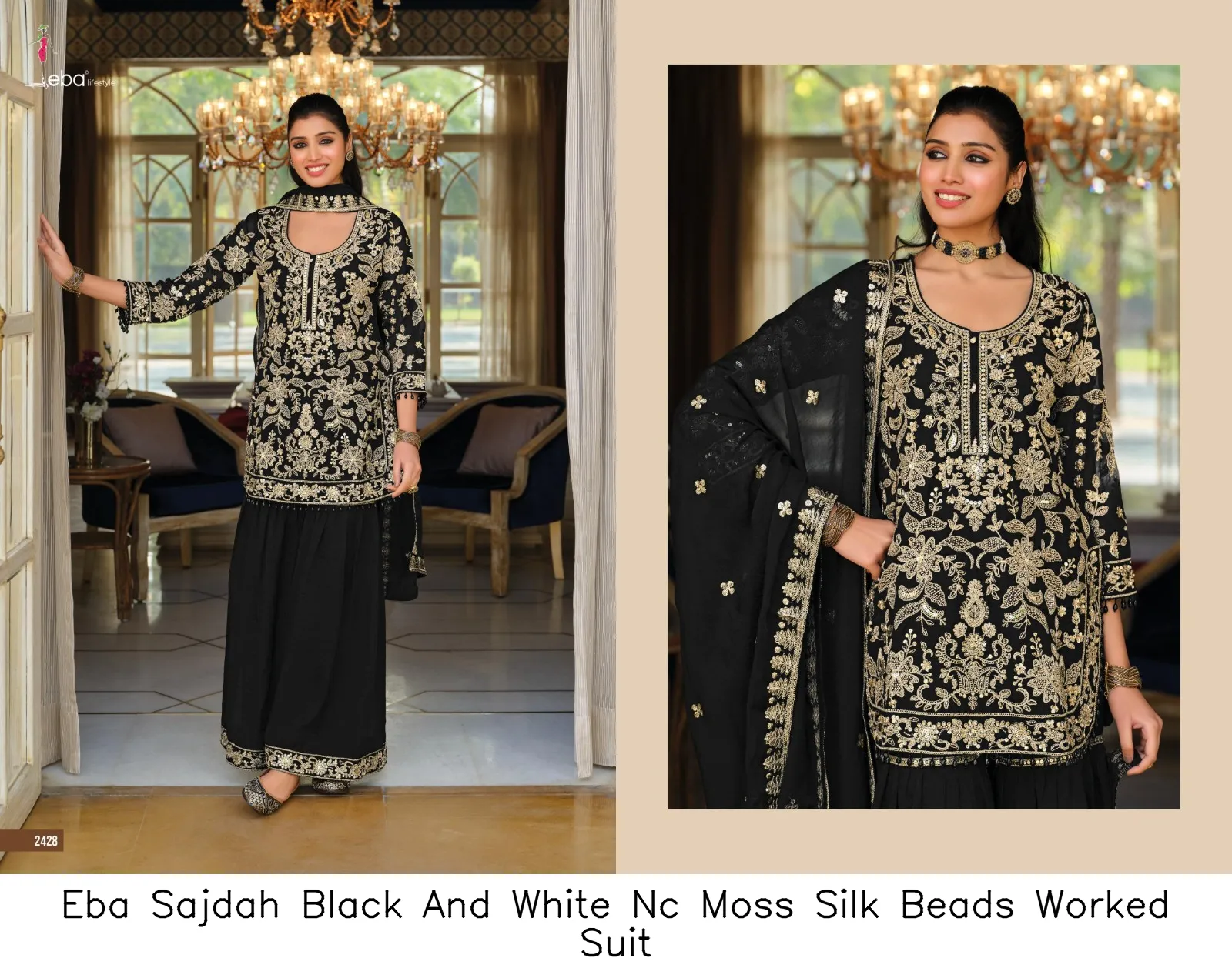 Eba Sajdah Black And White Nc Moss Silk Beads Worked Suit — Wholesale Salwar Suits, Eba wholesale from Surat - Gallery Image 4