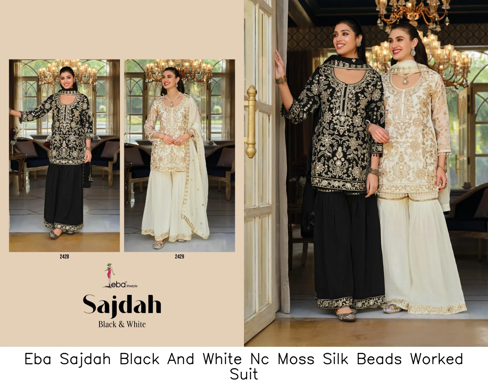 Eba Sajdah Black And White Nc Moss Silk Beads Worked Suit — Wholesale Salwar Suits, Eba wholesale from Surat — view 5