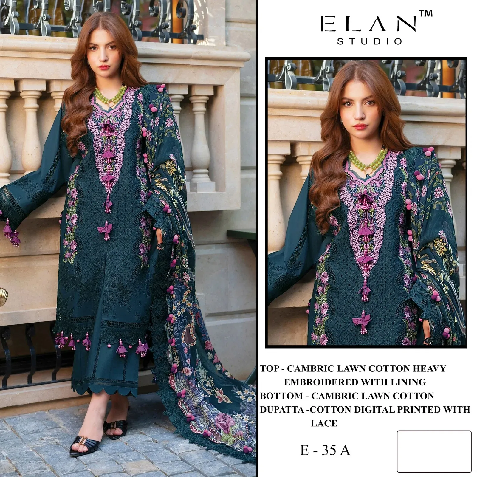 Elan E 35 Cambric Cotton Embroidered Salwar Suit — Wholesale Readymade Pakistani Suits, Elan wholesale from Surat — view 1
