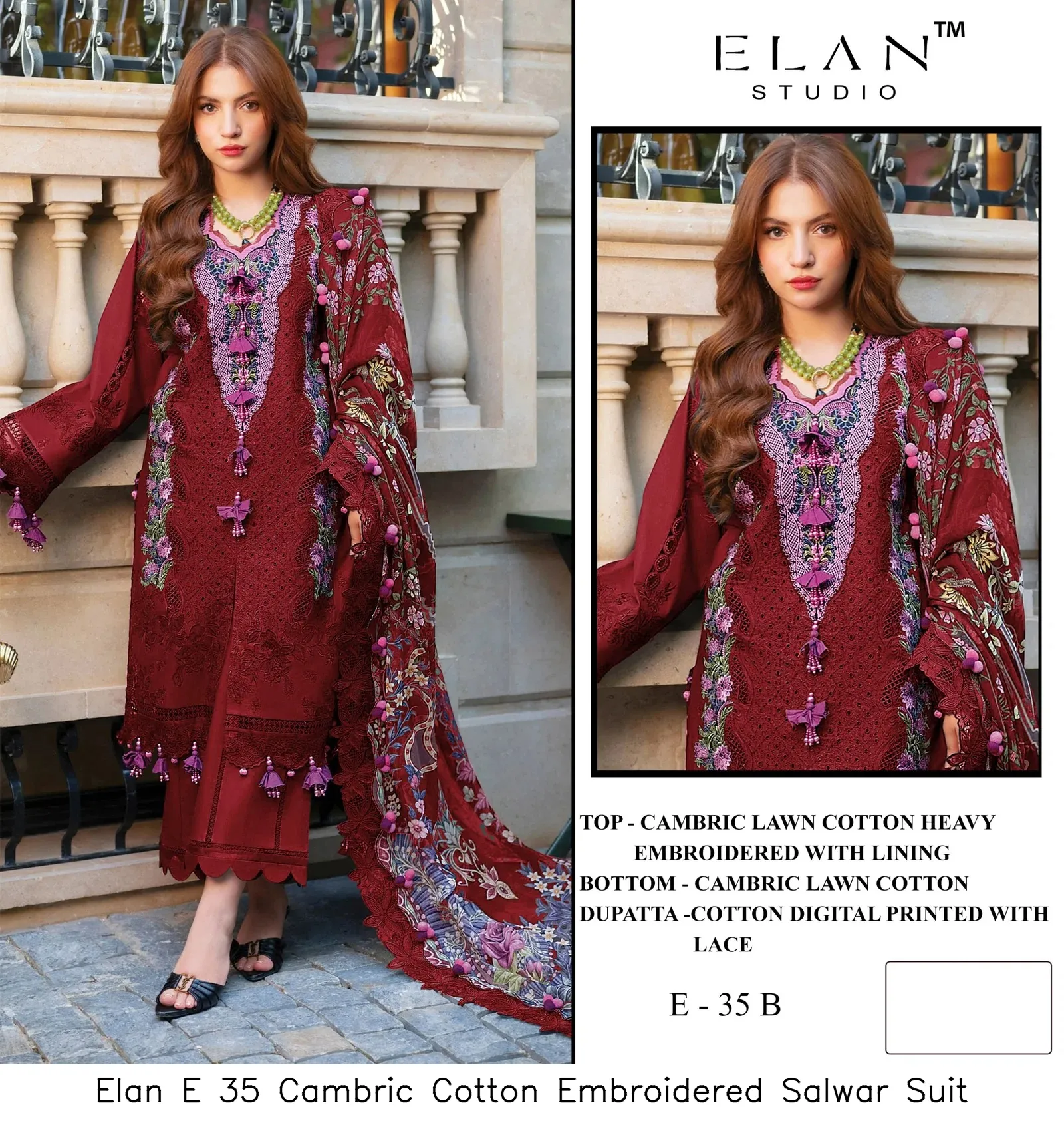 Elan E 35 Cambric Cotton Embroidered Salwar Suit — Wholesale Readymade Pakistani Suits, Elan wholesale from Surat — view 2
