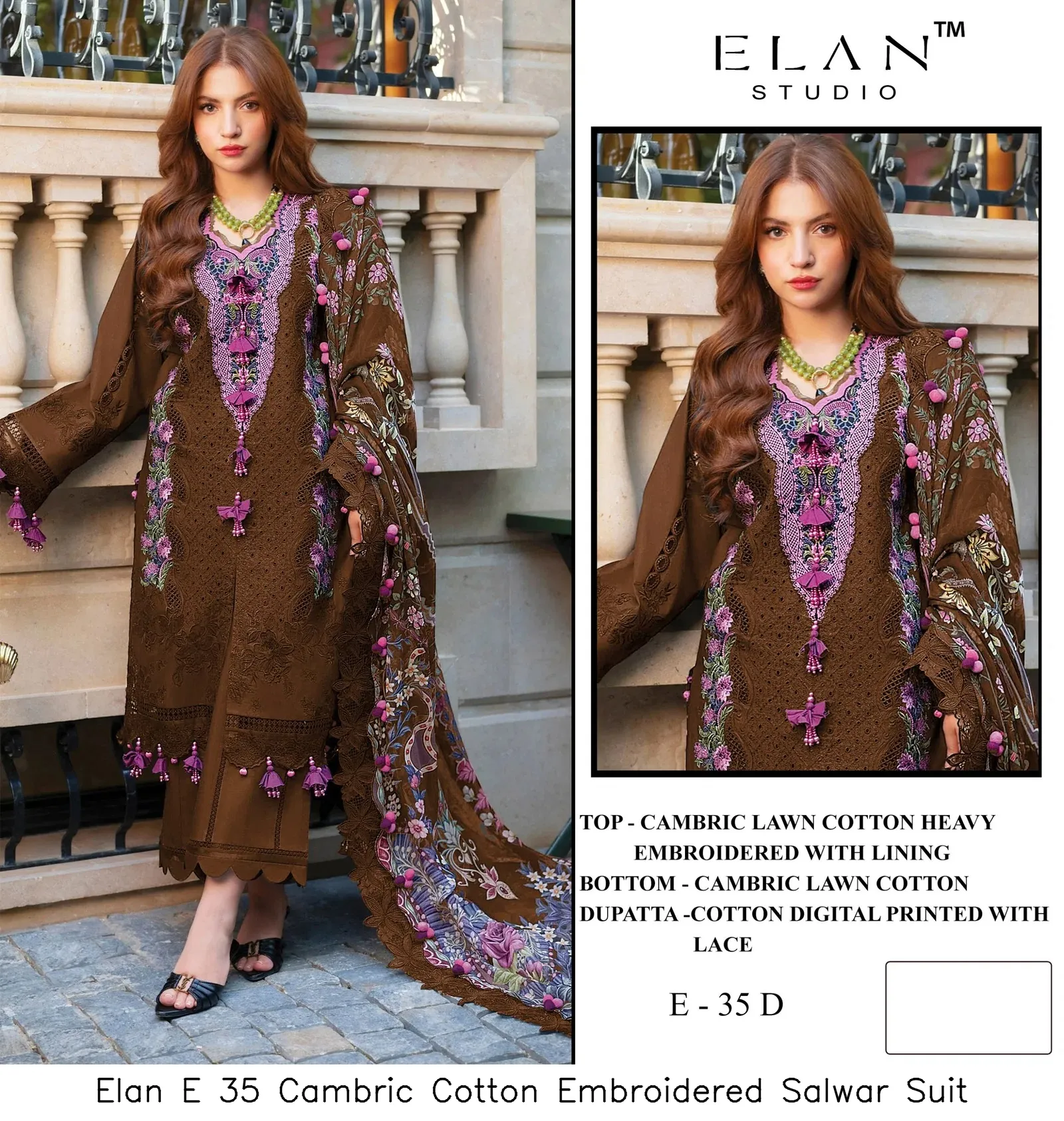 Elan E 35 Cambric Cotton Embroidered Salwar Suit — Wholesale Readymade Pakistani Suits, Elan wholesale from Surat — view 3