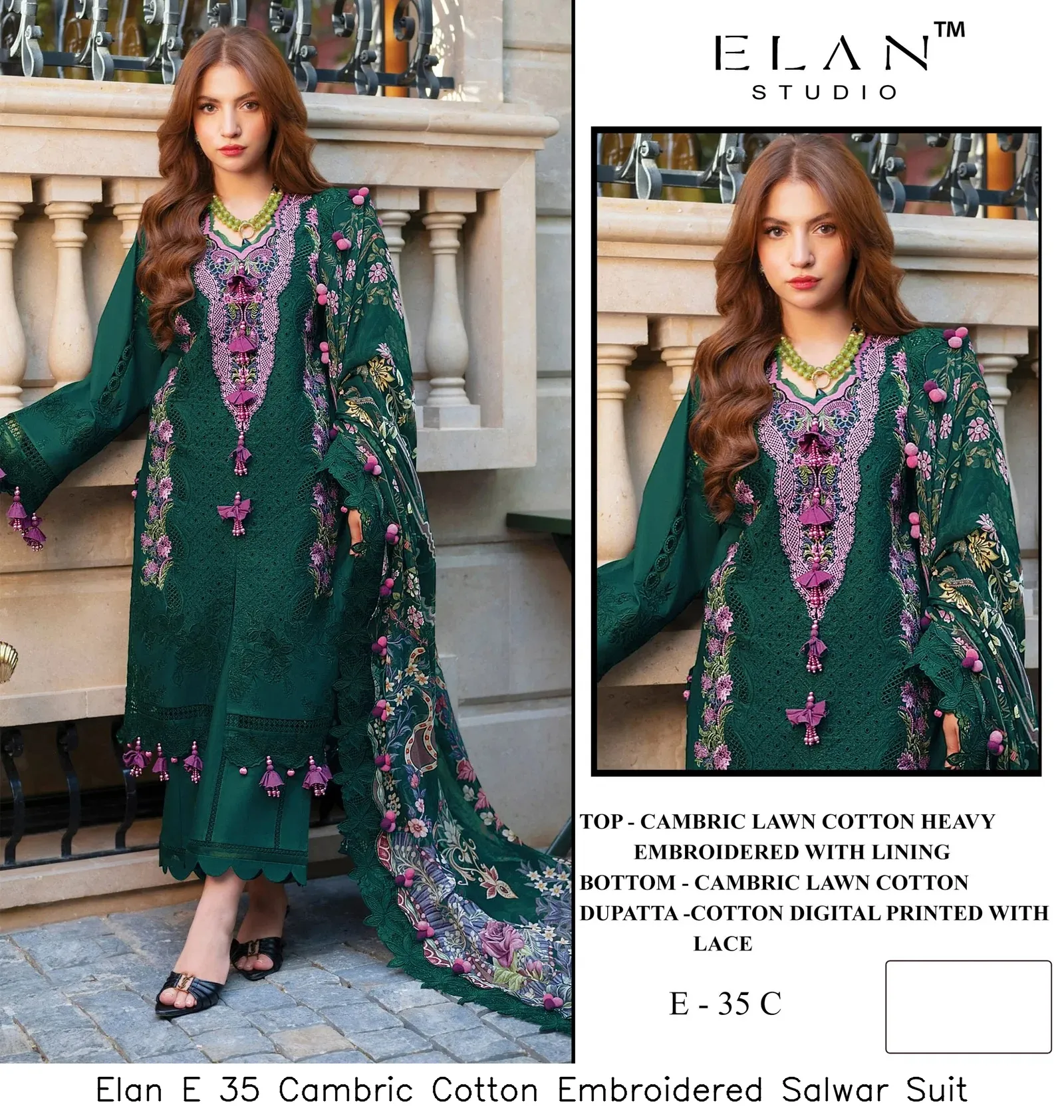 Elan E 35 Cambric Cotton Embroidered Salwar Suit — Wholesale Readymade Pakistani Suits, Elan wholesale from Surat — view 4