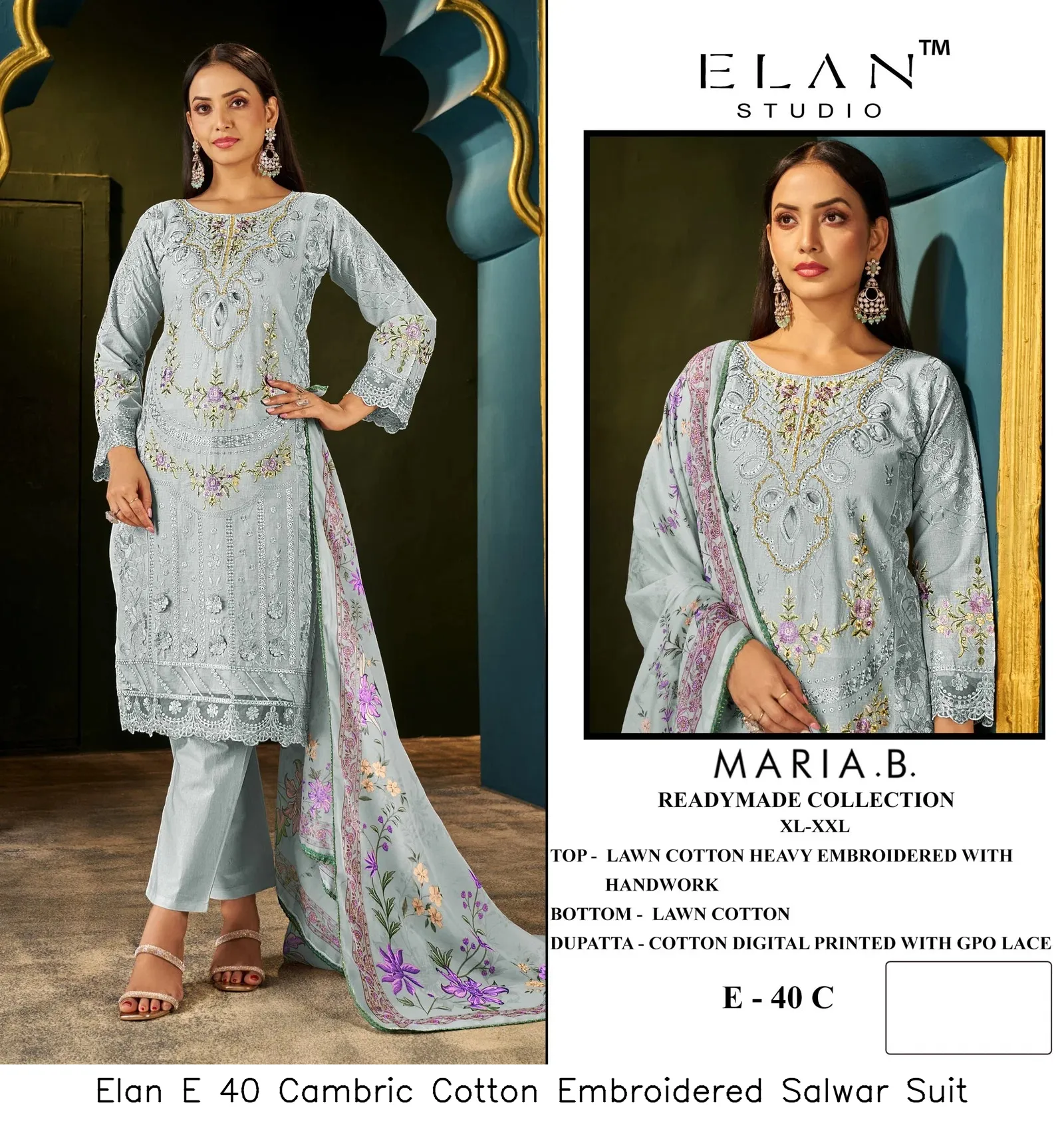 Elan E 40 Cambric Cotton Embroidered Salwar Suit — Wholesale Readymade Pakistani Suits, Elan wholesale from Surat — Photo 2