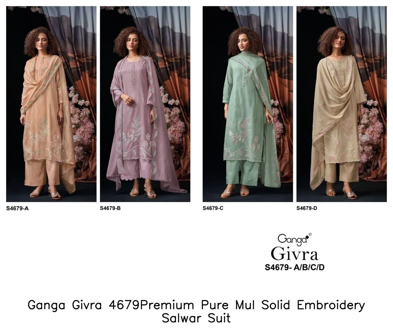Ganga Givra 4679Premium Pure Mul Solid Embroidery Salwar Suit — Wholesale Dress Material, Ganga wholesale from Surat - Gallery Image 4