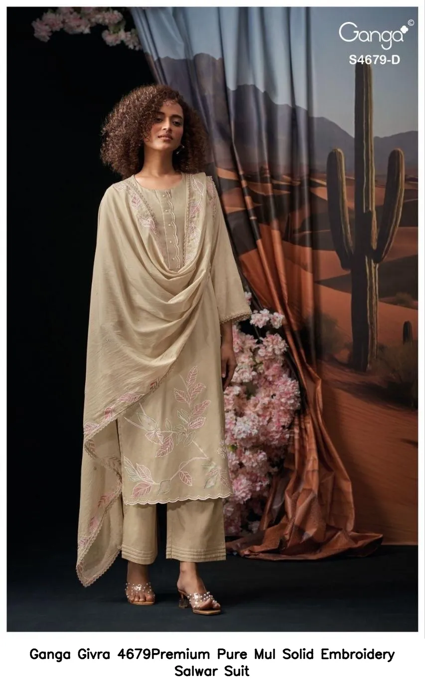 Ganga Givra 4679Premium Pure Mul Solid Embroidery Salwar Suit — Wholesale Dress Material, Ganga wholesale from Surat - Gallery Image 5